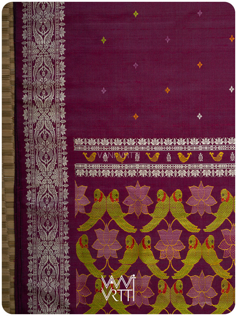 Deep Wine Pink Lotus Parrot Jaal Designer Exclusive Handspun Handwoven Tussar Silk Saree