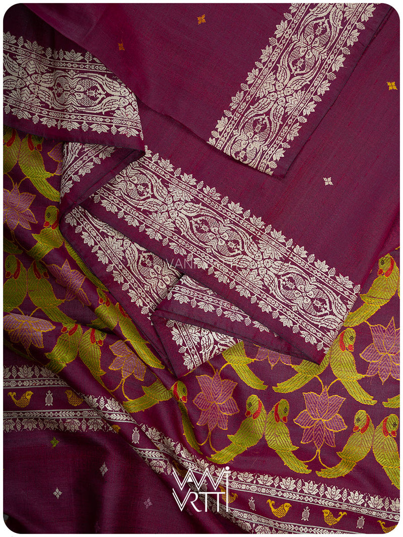 Deep Wine Pink Lotus Parrot Jaal Designer Exclusive Handspun Handwoven Tussar Silk Saree