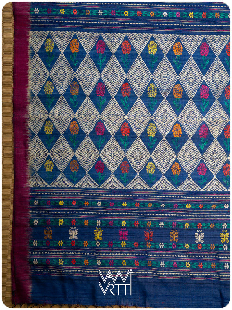Deep Royal Blue Magenta Marigold Wild Garden Master Weave Exclusive Handspun Tussar Silk Saree