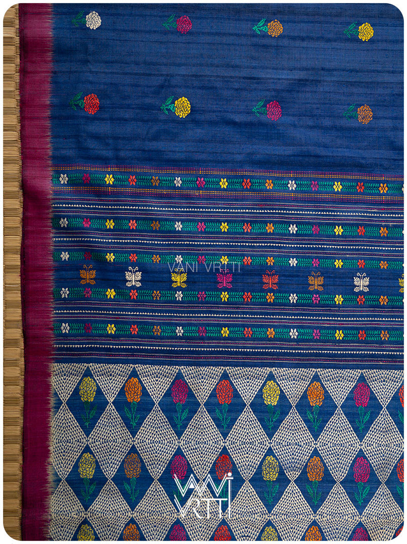 Deep Royal Blue Magenta Marigold Wild Garden Master Weave Exclusive Handspun Tussar Silk Saree