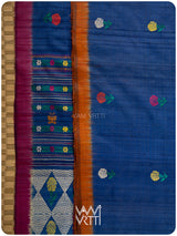 Deep Royal Blue Magenta Marigold Wild Garden Master Weave Exclusive Handspun Tussar Silk Saree