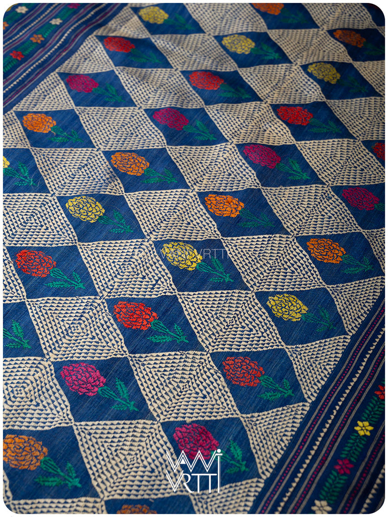 Deep Royal Blue Magenta Marigold Wild Garden Master Weave Exclusive Handspun Tussar Silk Saree