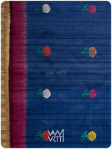 Deep Royal Blue Magenta Marigold Wild Garden Master Weave Exclusive Handspun Tussar Silk Saree
