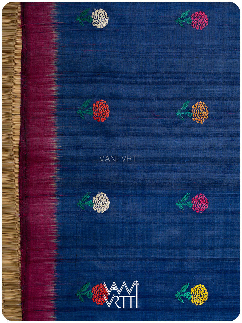 Deep Royal Blue Magenta Marigold Wild Garden Master Weave Exclusive Handspun Tussar Silk Saree