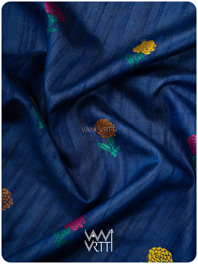 Deep Royal Blue Magenta Marigold Wild Garden Master Weave Exclusive Handspun Tussar Silk Saree