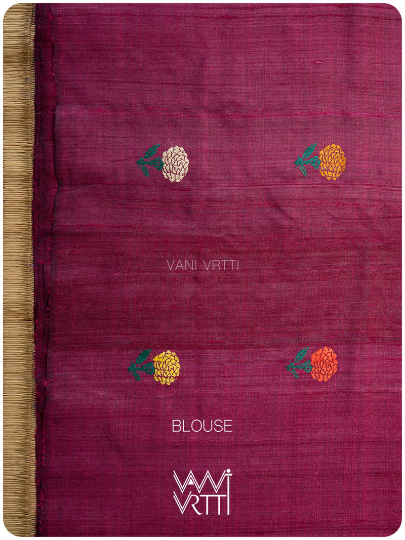 Deep Royal Blue Magenta Marigold Wild Garden Master Weave Exclusive Handspun Tussar Silk Saree