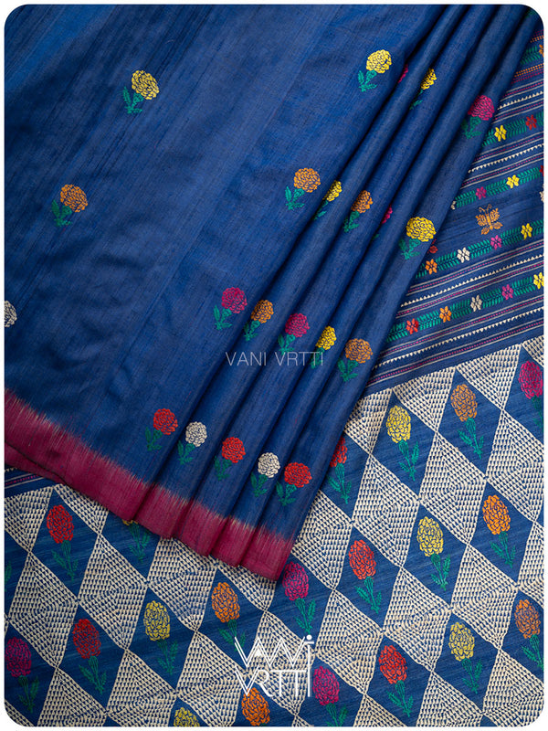 Deep Royal Blue Magenta Marigold Wild Garden Master Weave Exclusive Handspun Tussar Silk Saree