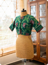 Bottle Green Lotus Parrot Fine Cotton Ikat Blouse