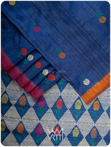 Deep Royal Blue Magenta Marigold Wild Garden Master Weave Exclusive Handspun Tussar Silk Saree