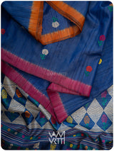 Deep Royal Blue Magenta Marigold Wild Garden Master Weave Exclusive Handspun Tussar Silk Saree