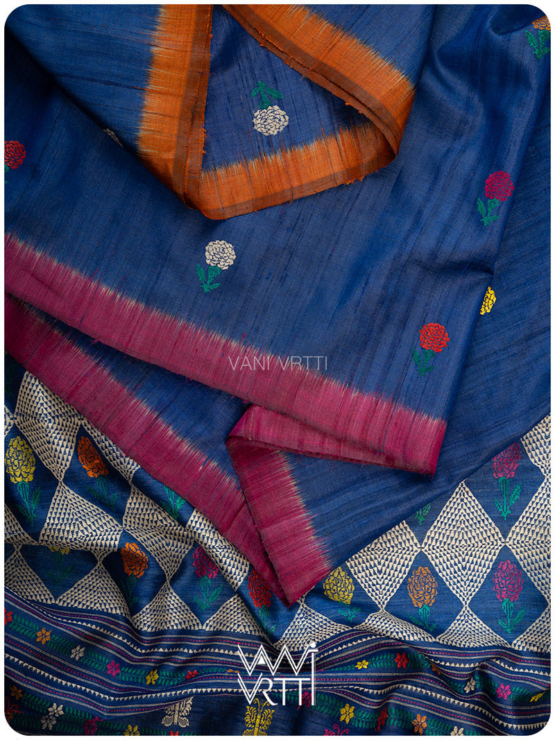 Deep Royal Blue Magenta Marigold Wild Garden Master Weave Exclusive Handspun Tussar Silk Saree