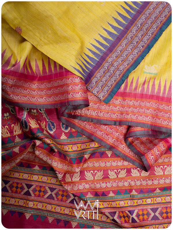 Haldi Besan Yellow Ganga Jamuna Veena Pani Lata Master Weave Exclusive Handspun Tussar Silk Saree