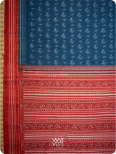 Indigo Blue Red Tea Leaf Natural Dyed Cotton Ikat Saree