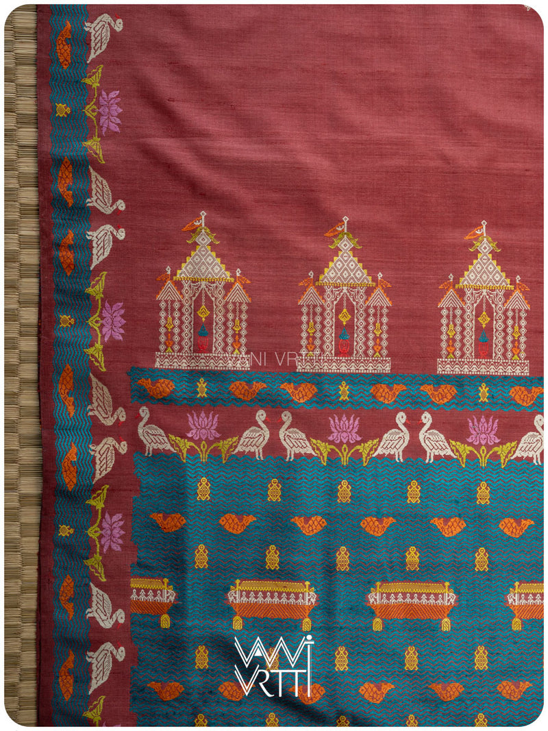 Ruby Red Chilika Master Weave Exclusive Handspun Tussar Silk Saree