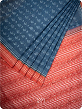 Indigo Blue Red Tea Leaf Natural Dyed Cotton Ikat Saree