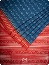 Indigo Blue Red Tea Leaf Natural Dyed Cotton Ikat Saree