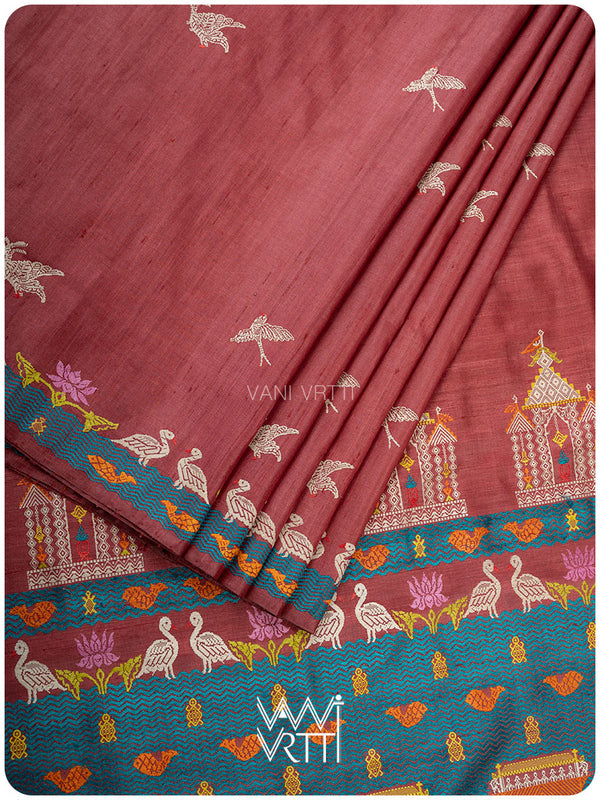 Ruby Red Chilika Master Weave Exclusive Handspun Tussar Silk Saree