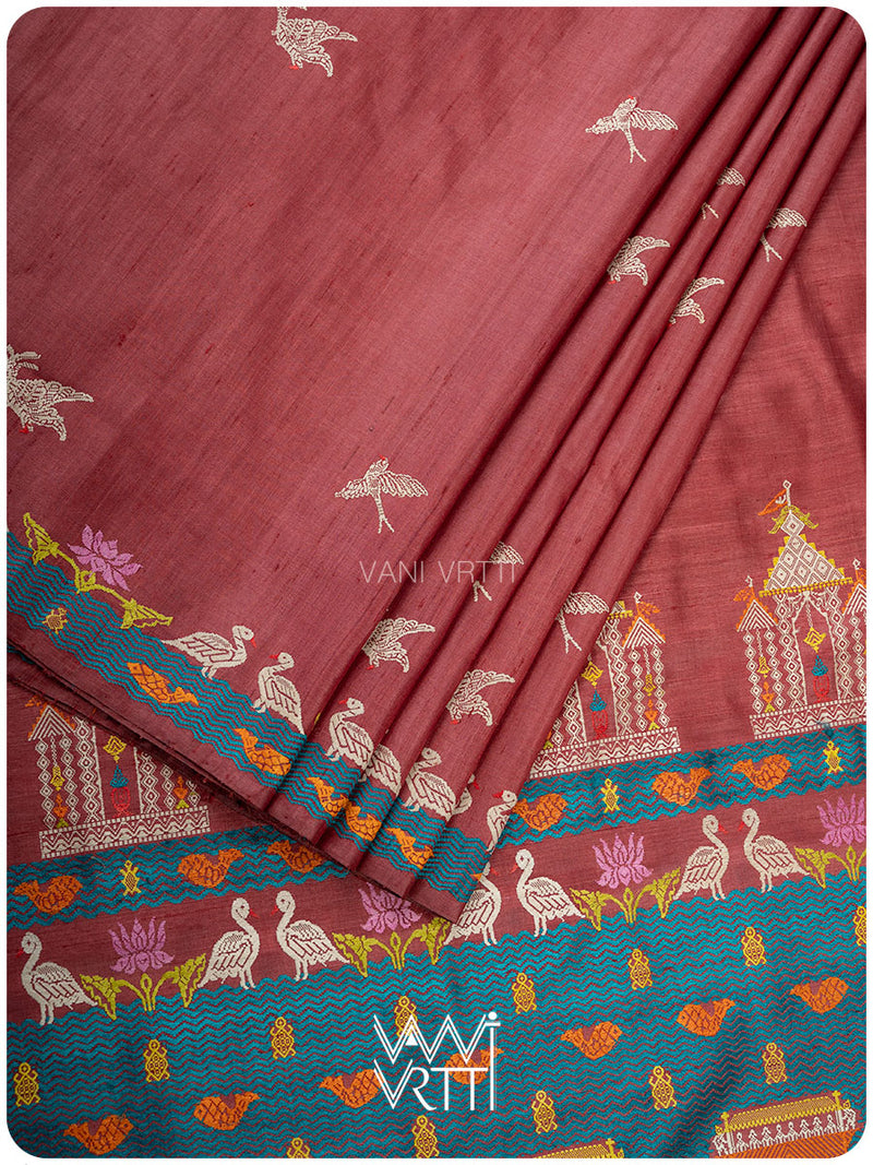 Ruby Red Chilika Master Weave Exclusive Handspun Tussar Silk Saree