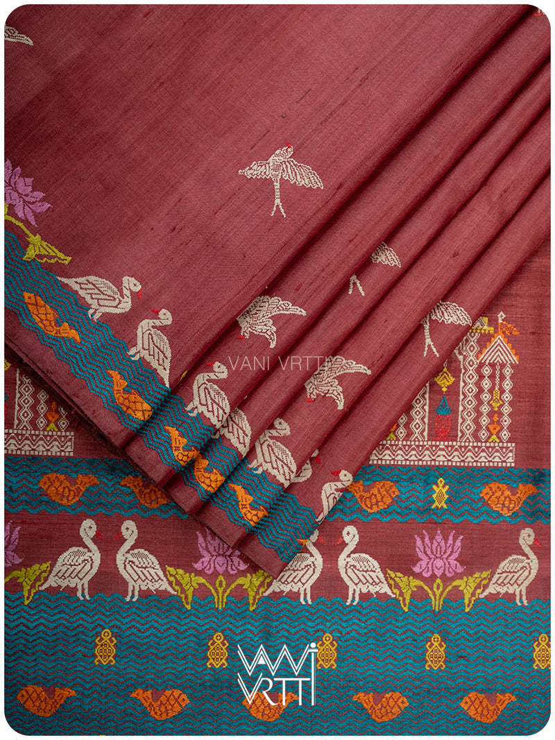 Ruby Red Chilika Master Weave Exclusive Handspun Tussar Silk Saree
