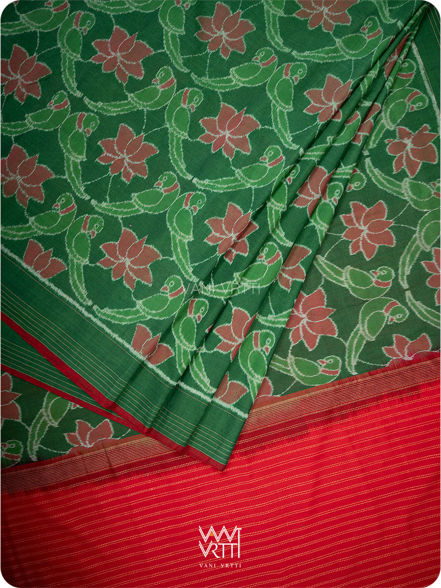 Fern Green Red Lotus Parrot Fine Cotton Ikat Saree