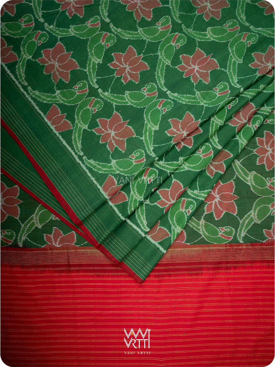 Fern Green Red Lotus Parrot Fine Cotton Ikat Saree
