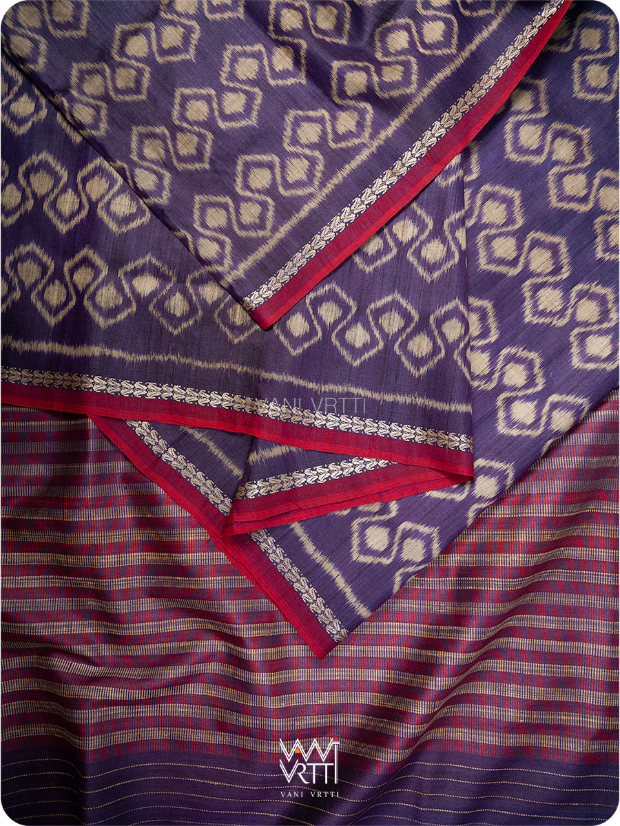 Deep Baingani  Santati Ikat Handspun Tussar Silk Saree