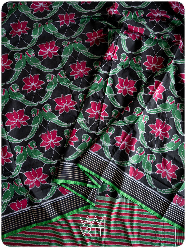 Black Lotus Parrot Fine Cotton Ikat Saree