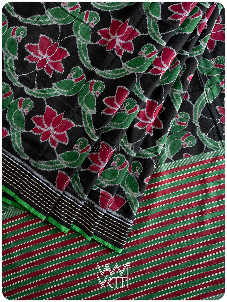 Black Lotus Parrot Fine Cotton Ikat Saree
