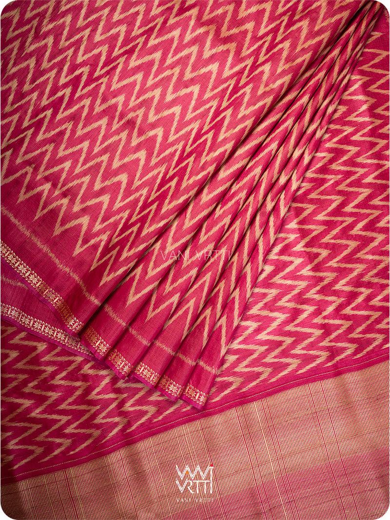 Magenta Pink Aziz Zig Zag Ikat Handspun Tussar Silk Saree