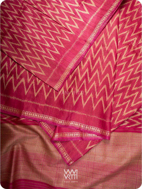 Magenta Pink Aziz Zig Zag Ikat Handspun Tussar Silk Saree