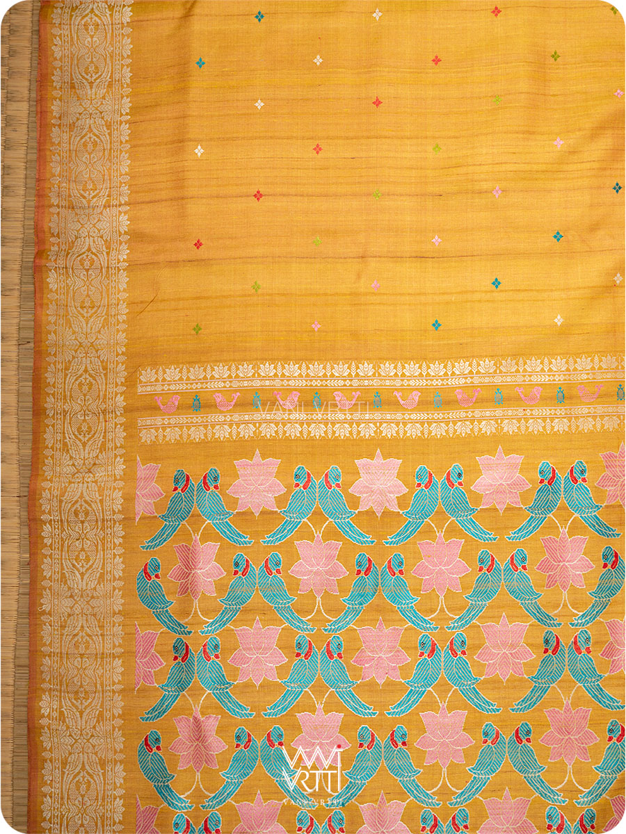 Mustard Yellow Lotus Parrot Jaal Designer Exclusive Handspun Handwoven Tussar Silk Saree