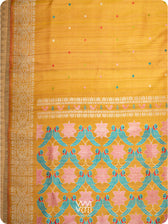 Mustard Yellow Lotus Parrot Jaal Designer Exclusive Handspun Handwoven Tussar Silk Saree