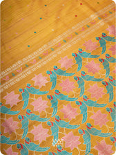 Mustard Yellow Lotus Parrot Jaal Designer Exclusive Handspun Handwoven Tussar Silk Saree