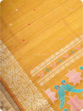 Mustard Yellow Lotus Parrot Jaal Designer Exclusive Handspun Handwoven Tussar Silk Saree