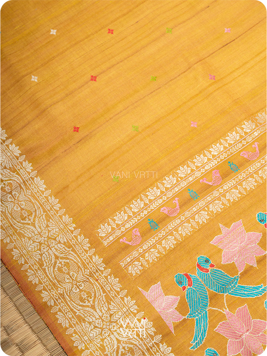 Mustard Yellow Lotus Parrot Jaal Designer Exclusive Handspun Handwoven Tussar Silk Saree