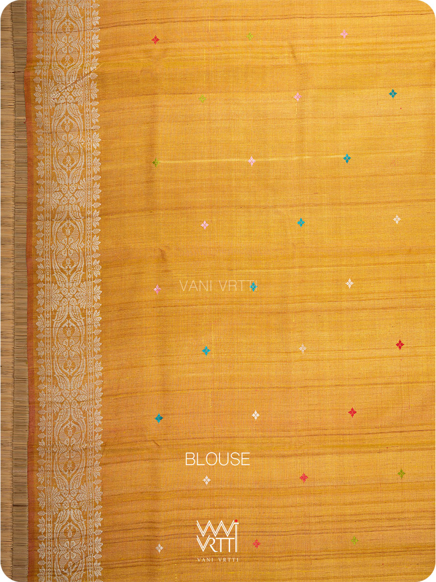 Mustard Yellow Lotus Parrot Jaal Designer Exclusive Handspun Handwoven Tussar Silk Saree