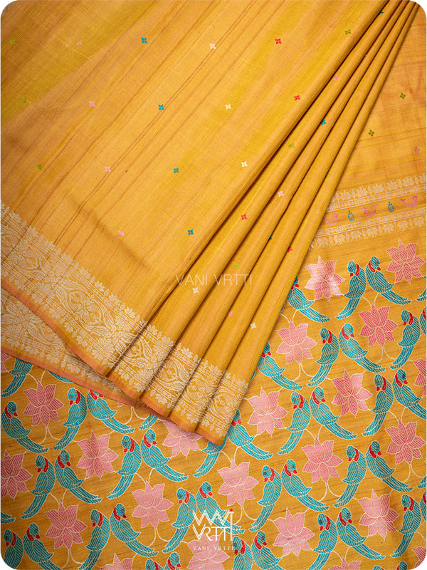 Mustard Yellow Lotus Parrot Jaal Designer Exclusive Handspun Handwoven Tussar Silk Saree