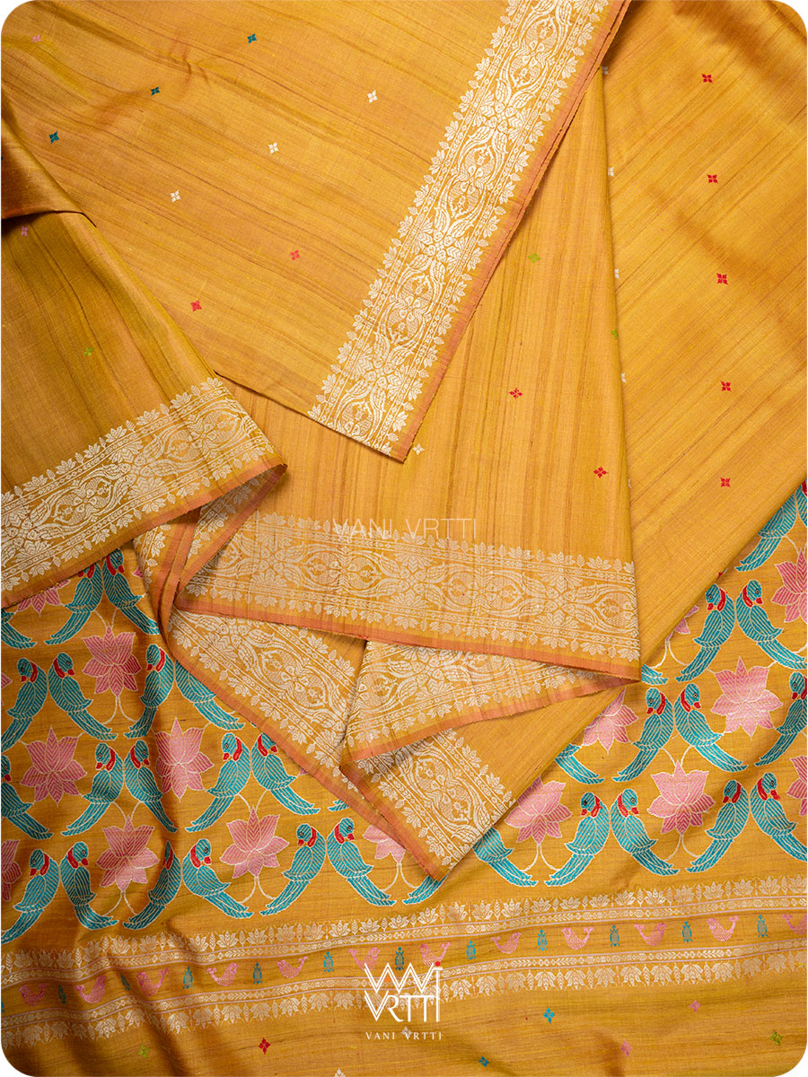 Mustard Yellow Lotus Parrot Jaal Designer Exclusive Handspun Handwoven Tussar Silk Saree