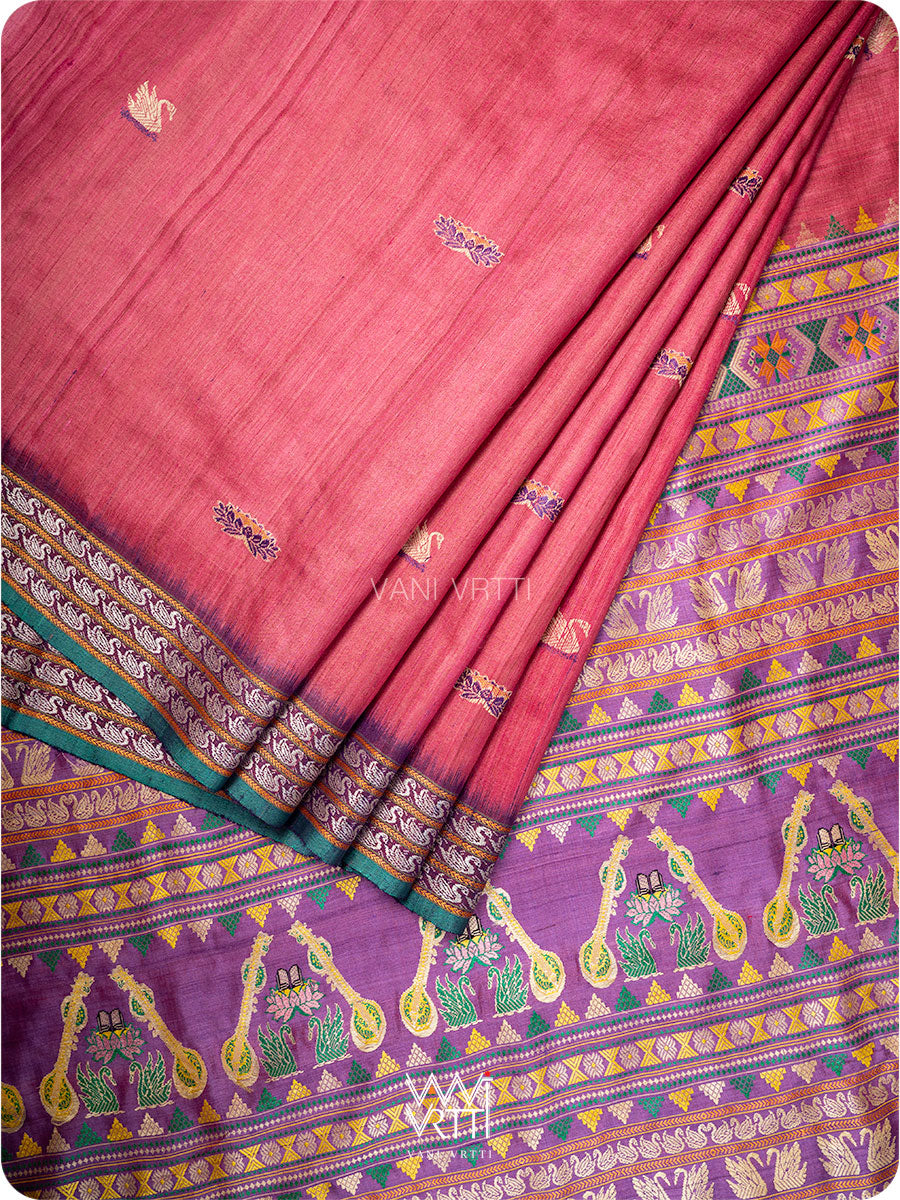 Old Rose Pink Purple Veena Pani Lata Master Weave Exclusive Handspun Tussar Silk Saree
