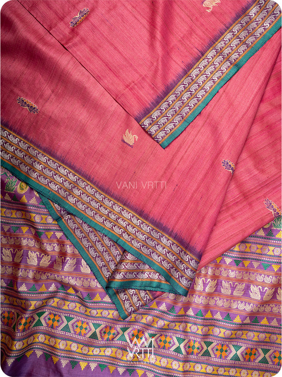 Old Rose Pink Purple Veena Pani Lata Master Weave Exclusive Handspun Tussar Silk Saree
