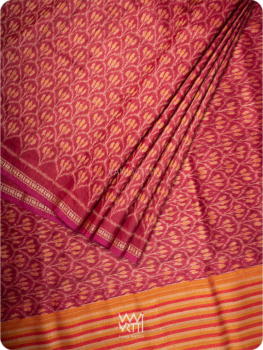 Red Iris Ikat Handspun Tussar Silk Saree