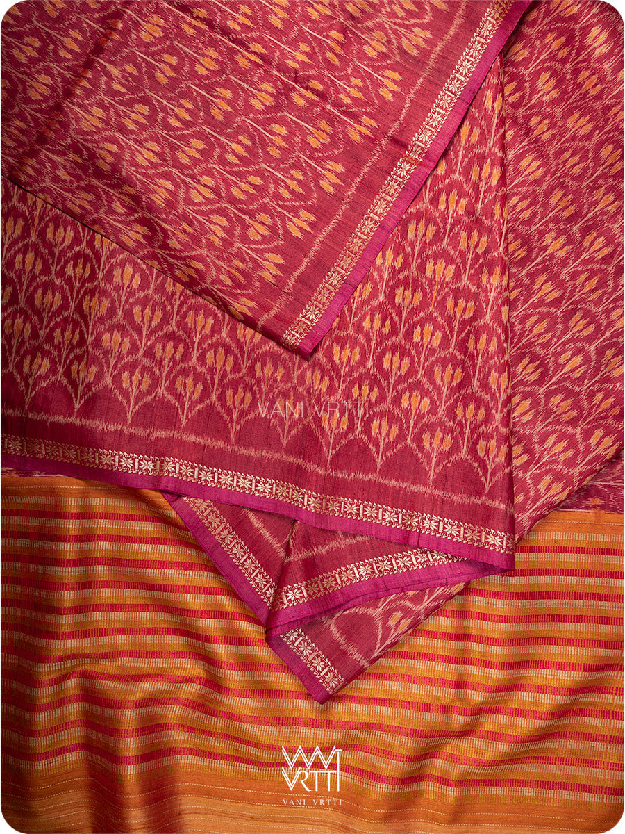 Red Iris Ikat Handspun Tussar Silk Saree