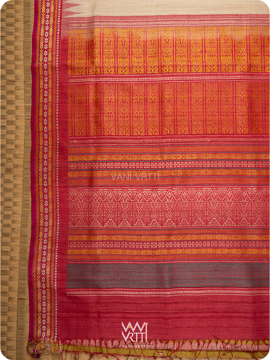 Off White Banana Green Red  Ananta Handspun Tussar Silk Saree
