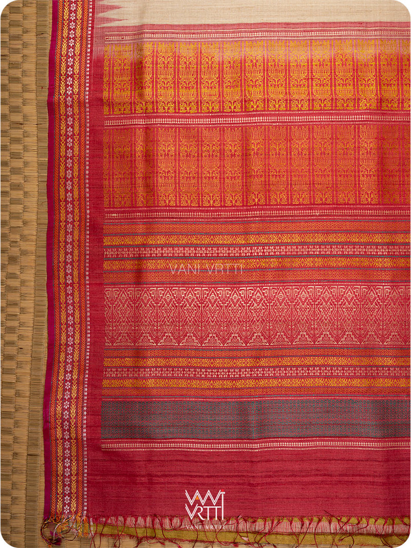 Off White Banana Green Red  Ananta Handspun Tussar Silk Saree