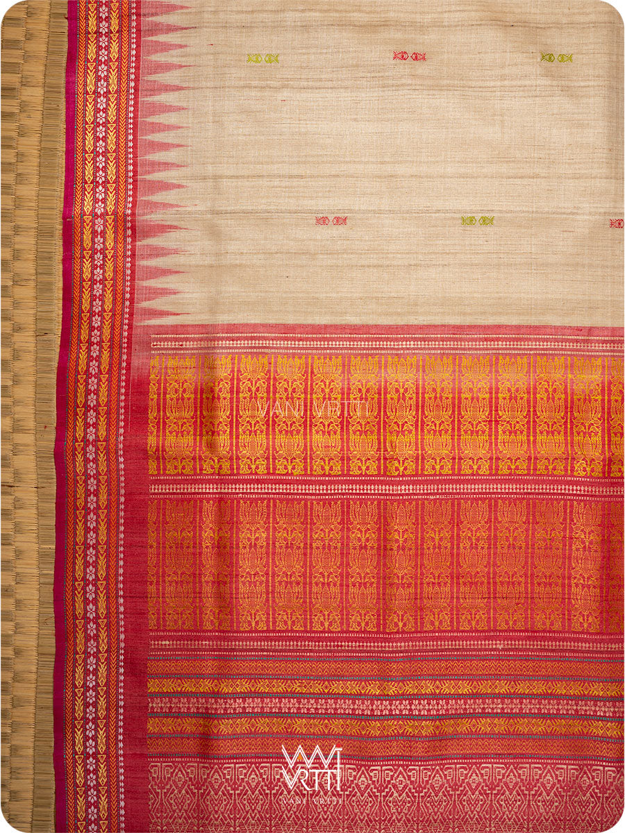 Off White Banana Green Red  Ananta Handspun Tussar Silk Saree