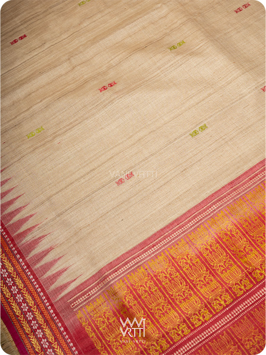 Off White Banana Green Red  Ananta Handspun Tussar Silk Saree