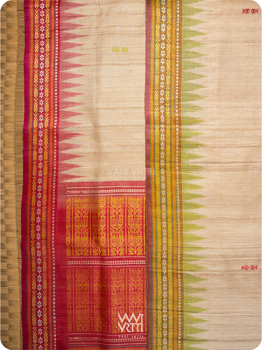 Off White Banana Green Red  Ananta Handspun Tussar Silk Saree