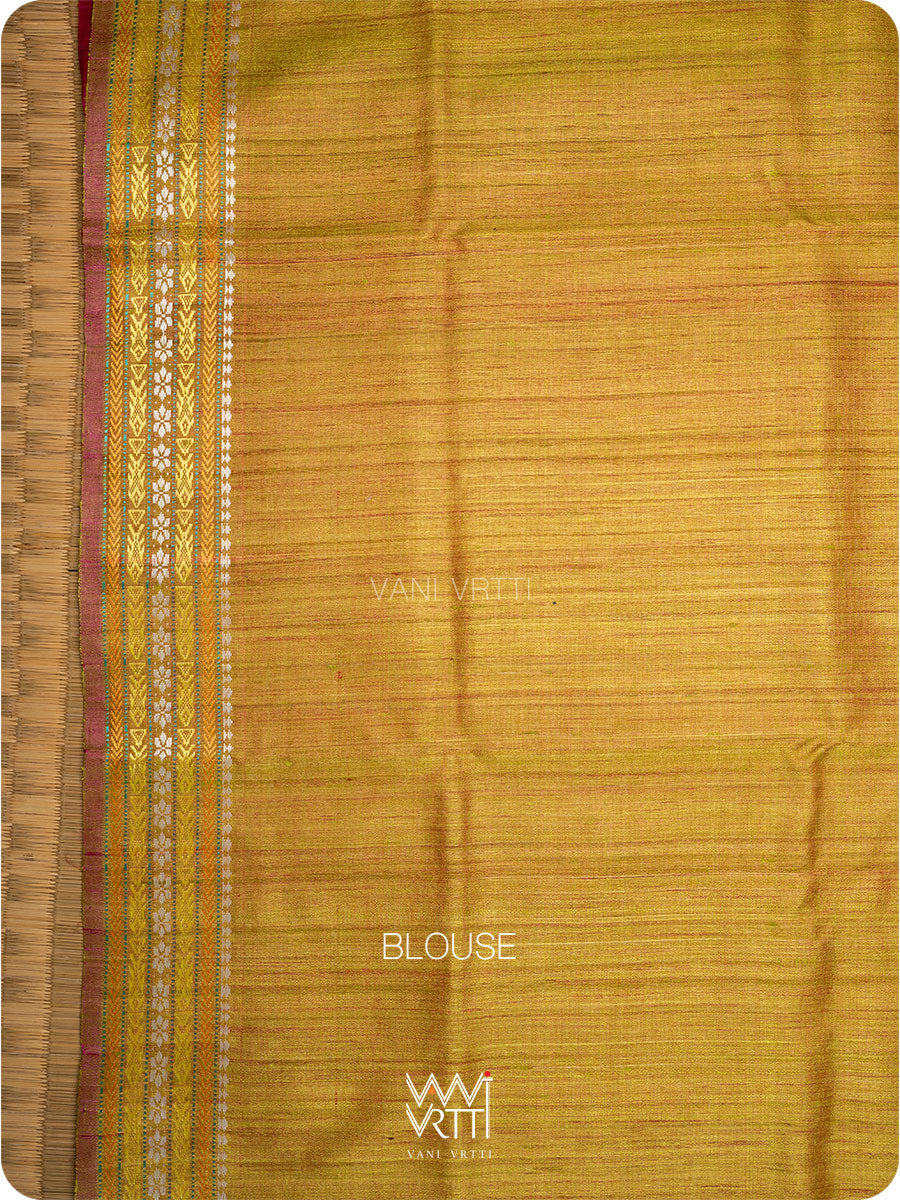 Off White Banana Green Red  Ananta Handspun Tussar Silk Saree
