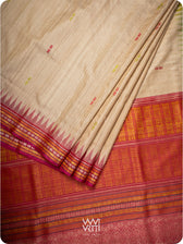 Off White Banana Green Red  Ananta Handspun Tussar Silk Saree