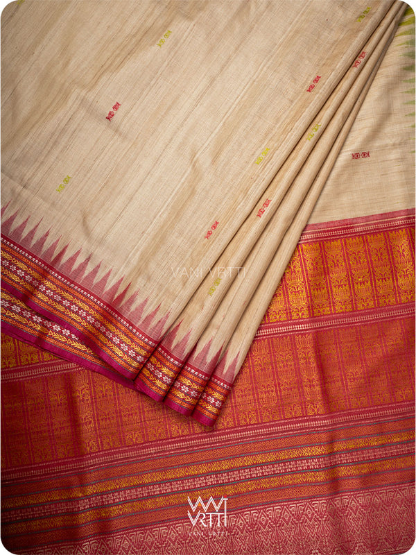 Off White Banana Green Red  Ananta Handspun Tussar Silk Saree